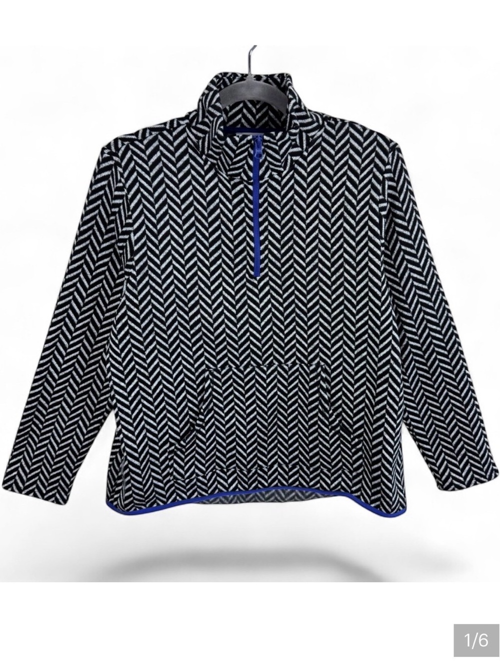 T by Talbots Womens LP Black White Chevron Elliptical Hem Half Zip Pullover